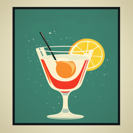 a retro cocktail poster featuring a vintage black and blue color scheme with hints of green. the design is reminiscent of political propaganda, with elements of light orange and light maroon. the poster incorporates dark yellow and white accents, creating a tondo shape. the overall aesthetic is naturalistic nostalgia, evoking a sense of travel and showcasing a toning technique. ai generatedの素材