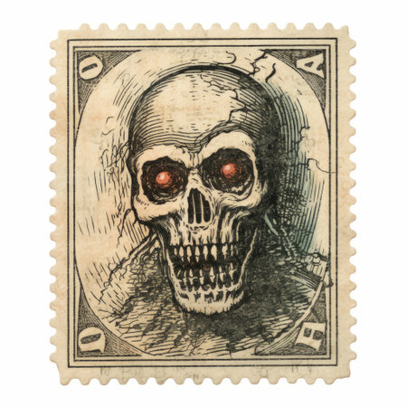 the postal stamp features a black and white skull, reminiscent of 19th-century american art. with a touch of light orange and red, it exudes a supernatural aura. this captivating image, reminiscent of horror-inspired editorial illustrations, was captured by the associated press. ai generatedの素材