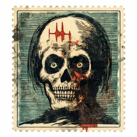 vintage postage stamp featuring a skull, showcasing a unique blend of distorted bodies and horror-inspired elements. this mixed media autobiographical artwork draws inspiration from mid-century illustration and late 19th-century aesthetics. a must-have for collectors, this rubber-made stamp is reminiscent of the criterion collection's distinct style. ai generatedの素材