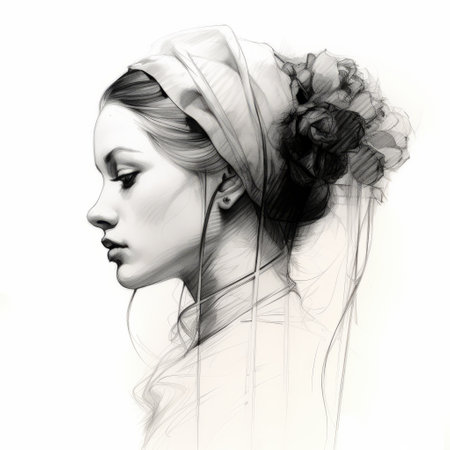 a pencil drawing portrait of a woman wearing a turban, showcasing the artistic style of cyril rolando, januz miralles, and edmund leighton. this 32k uhd illustration captivates with its transparent layers, flowing silhouettes, and intricate details. ai generatedの素材