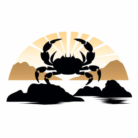 a bold graphic illustration of a crab silhouette stands out against a landscape with the sun shining behind it. the artwork combines light gold and light black colors, creating an energetic and eye-catching image. this illustration captures the essence of american iconography and brings to life lively seascapes. it can be used as a logo or in scientific illustrations. ai generatedの素材