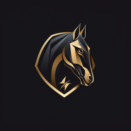a horse logo template illustration for a sport club equestrian, featuring a dark black and gold color scheme. created in the futuristic organic style of raymond swanland, this uhd image showcases an elegant and emotive horse face. perfect for 2d game art or branding purposes, this design is reminiscent of the works of tivadar csontvry kosztka. ai generatedの素材