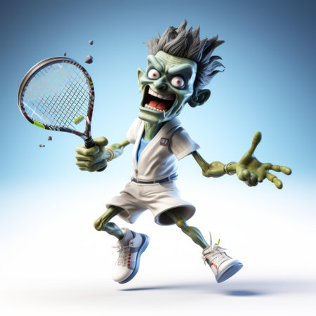 a zombie cartoon tennis player, in a gaudy and grotesque style, is seen hitting the ball. the artwork is created using photobashing techniques, resulting in a unique icepunk aesthetic. the figure's pose showcases the figura serpentinata, while the attention to detail and realist lifelike accuracy adds to the fantastic grotesque nature of the image. the use of luminous sfumato technique enhances the overall composition. aiの素材