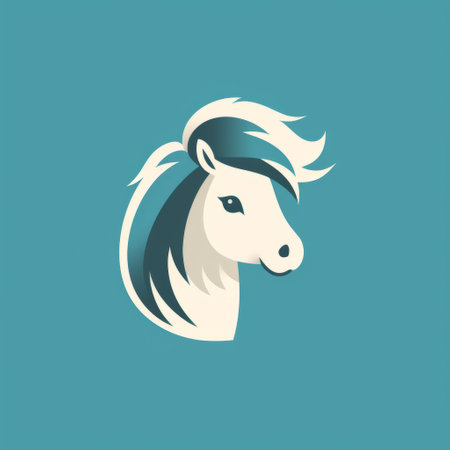 an elegant pony logo is showcased on a blue background, featuring a stylized portraiture design in dark white and light cyan. the playful character design exudes a vintage graphic design aesthetic, with a color palette of dark teal and light beige. the high speed sync technique adds a dynamic touch, while maintaining a sparse and simple composition. ai generatedの素材