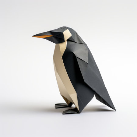 a grey and black penguin stands on a white background, showcasing the intricate sculptural paper construction style. the image is enhanced with ray tracing, resulting in a play of light and shadows in gold and black tones. the technique of focus stacking ensures every detail is captured flawlessly. this captivating artwork by jarosaw janikowski combines chromatic geometry with the artistic influence of ken sugimori. aiの素材