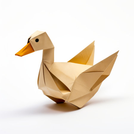 duck origami created by the art of bird origami, featuring a whimsical character design. this dada-inspired construction is captured on a white surface, showcasing its unpolished authenticity. the light brown color adds a touch of warmth to this late 19th-century style piece. photographed using a fujifilm fp-100c film. creative commons attribution. ai generatedの素材