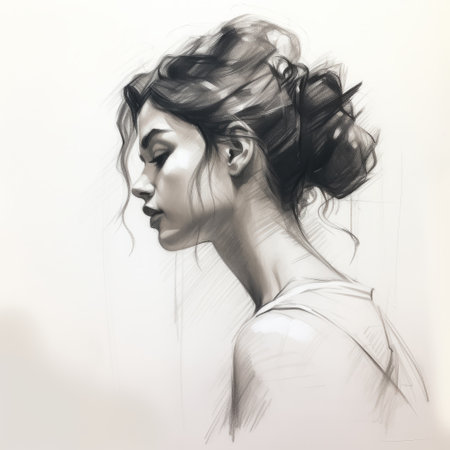 a digital art portrait of a woman, sketched by j. tinker, in the minimalistic black and white style of dmitri danish. this detailed character illustration showcases the artist's mastery of digital art techniques, capturing the serene mood with voluminous forms. a stunning example of contemporary illustration. ai generatedの素材