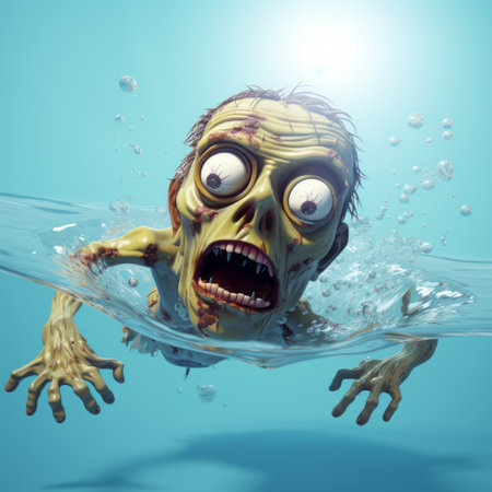 a 3d illustration stock photograph featuring a zombie swimming in the water. the image showcases lively facial expressions, reminiscent of the style of david nordahl. the color palette includes light navy and light green, while the shiny eyes add a touch of realism. this iconic pop culture reference, inspired by stephen hillenburg, emphasizes emotion over realism. ai generatedの素材