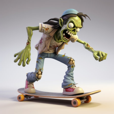 a zombie figure, designed by serge marshennikov, is captured riding a skateboard in a vray style. this pop culture-inspired image showcases the artist's emphasis on character design, featuring cartoon-like characters and character caricatures. the attention to detail and exacting precision in this artwork make it a visually captivating piece. ai generatedの素材