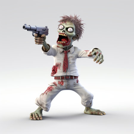 a 3d zombie cartoon character is depicted in this photo, holding a shotgun in its hands. the artwork showcases photorealistic accuracy and is rendered in maya software. the zombie has a white color tone and exhibits a strong facial expression, adding to its lifelike and realistic appearance. the image also incorporates elements of desertpunk style and jump cuts. ai generatedの素材