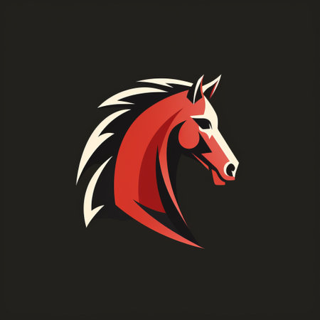 a horse logo is depicted on an old black background, featuring a cartoonish character design in the style of light red and dark crimson. the horse has a strong facial expression and is surrounded by strong graphic elements in dark white and light red. this artwork is reminiscent of 2d game art and is inspired by the works of l. birge harrison. ai generatedの素材