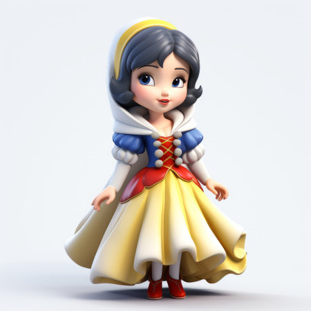 snow white, a digitally rendered 3d model by kador, showcases a cute and cartoonish design. with a low depth of field, the colorful costumes and crosshatched shading bring this classical-style character to life. this action-packed cartoon captures the essence of mingei art. ai generatedの素材