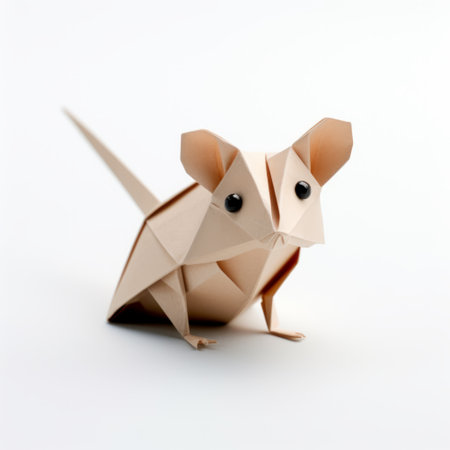 origami mouse, isolated on white, showcases a unique character design with muted colorscape mastery. this photo, taken with a nikon d750, captures the intricate folds and details of the mouse. the light pink and dark amber hues add a touch of elegance to the composition. perfect for creative projects, this image is available under a creative commons attribution license. ai generatedの素材