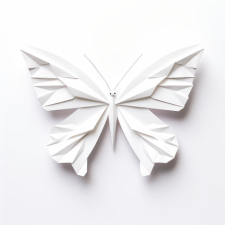 a paper butterfly origami set is showcased in this abstract photography, set against a white textured background. the composition reflects the style of large-scale public art, with elements of maquette and mote kei. the minimalist portraits capture intricate imagery, while the blink-and-you-miss-it detail adds depth. the contrasting shades of dark white and light white create a captivating visual contrast. ai generatedの素材