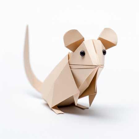 an origami rat with ears and tail in action, captured in a monochromatic minimalist portrait style. the light beige and amber tones enhance the elegant inking techniques and modular patterns of this origami creation. with the zeiss batis 18mm f2.8 lens, the photo showcases the subtle coloring and simple shapes of the origami rat. ai generatedの素材