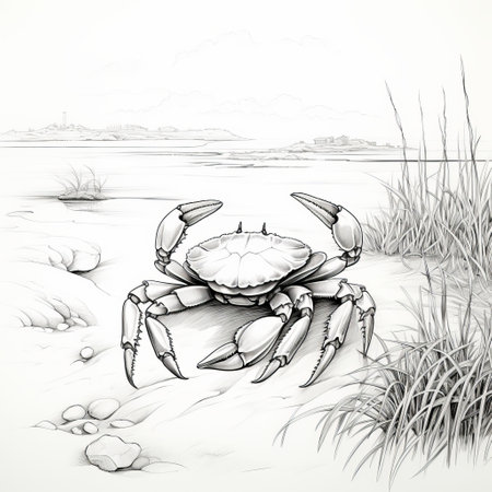 an ink drawing of a crab in the garden, featuring a naturalistic landscape background. the illustration showcases hyperrealistic details with simplified line work, reminiscent of the style of raphael lacoste. the coastal scenery adds depth to the editorial illustration, while the light gray tones create a serene atmosphere. ai generatedの素材