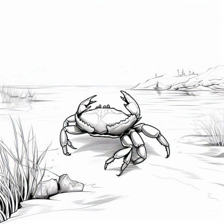 a crab gracefully moves through the water in this black and white editorial illustration. the drawing, inspired by isolated landscapes and the mono-ha style, captures the essence of scientific illustrations. the hand-coloring technique adds depth and detail to this captivating image, reminiscent of a national geographic photo. ai generatedの素材