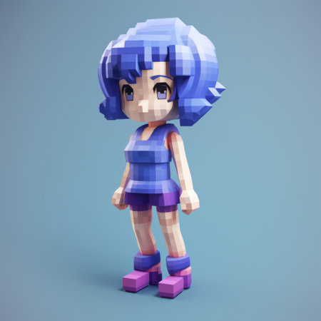 a female pixel character wearing blue shoes and a blue blouse is depicted in this voxel art style photograph. the character has light purple hair and follows the dolly kei fashion trend, with toy-like proportions. the image has a bold texture and lowbrow aesthetic, captured using a minolta riva mini camera. ai generatedの素材