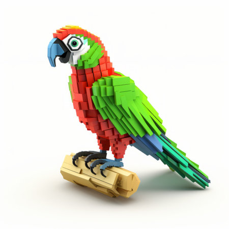 a vibrant and eye-catching image of a big bang lego birds of the vale parrot, created in the style of daz3d. this uhd image showcases the intricate details and hyper-realistic animal illustrations. the parrot is beautifully depicted with multi-colored minimalism, resembling carved wood blocks. the artistic influence of oscar niemeyer and the graphics reminiscent of xbox 360 add to the overall visual appeal. ai generatedの素材