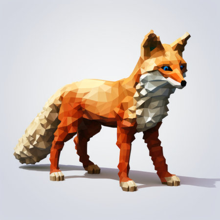 a low poly realistic fox artwork featuring a light brown and red color palette. this animal artwork is created in a style of isolated figures with extruded design. the fox is portrayed with color-blocked shapes, layered surfaces, and a complex texture, resulting in a realistic portrayal of light and shadow. ai generatedの素材