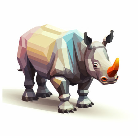 a low poly texture vector of a rhino, featuring inventive character designs and a harsh palette knife work style. this speedpainting showcases a realistic portrayal of light and shadow, while also incorporating fantastical and imaginative creatures. the use of tilt-shift lenses adds a unique touch to the composition, with a clean white background enhancing the overall aesthetic. ai generatedの素材