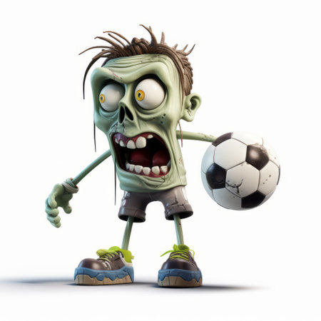 zombie soccer ball player captured by ida taha ftlrsa. this high-resolution photo showcases a unique style with shiny eyes, depth of field, and isolated figures. the cartoon mis-en-scene adds a touch of creativity, while the suburban ennui is beautifully captured. the image also features bone elements, adding an eerie and intriguing element to the composition. ai generatedの素材