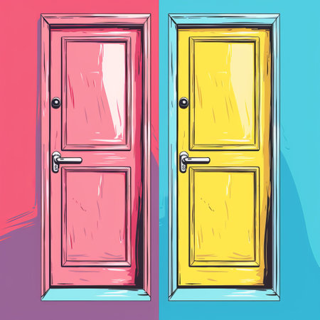 an illustration featuring a pink door and a blue door, set against contrasting backgrounds. the doors are hand-drawn in a dark pink and yellow style, with a high gloss finish. this unique artwork explores psychological phenomena through its coloristic intensity and captivating illustration technique. ai generatedの素材