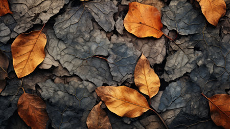 autumn leaves on a grey background create a captivating image with layered and textured surfaces. this national geographic photo showcases a dark gray and dark bronze color palette, highlighting photorealistic details. the composition evokes the essence of land art, while incorporating elements of new american color photography and skillful post-processing techniques. ai generatedの素材