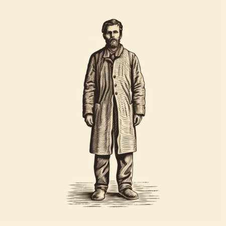 a man standing in a highly detailed, monochrome-toned overcoat, reminiscent of scientific illustrations and western-style portraits. this graphic illustration captures the essence of everyday americana, showcasing the artist's skill in chronicling the intricacies of life through their unique style. ai generatedの素材