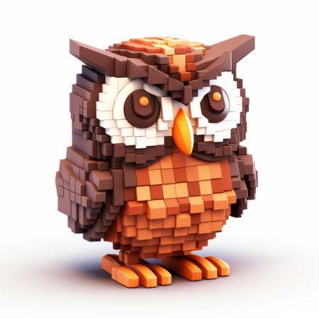 a photo of a hexagon owl made out of one brick piece, inspired by xbox 360 games. created by olaf aebischer, the design combines realistic yet stylized and cartoonish elements. the image showcases focus stacking techniques and three-dimensional puzzles. the color palette features shades of orange and brown, while tilt-shift lenses add a unique touch. the composition reflects a modular constructivism approach. ai generatedの素材