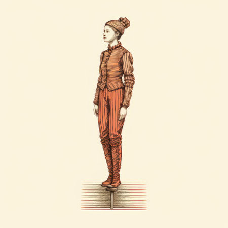 a woman stands on an inclined platform, showcasing a stylish costume design with vintage graphic elements. the detailed engraving adds a touch of elegance to the ensemble, while the horizontal stripes in light brown and crimson create a visually striking contrast. this studio portrait captures the youthful energy and charm of the protagonist. ai generatedの素材