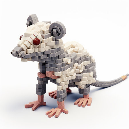 a photo of a lego opossum creature, built using lego building blocks. this lego creation is inspired by the style of daz3d and features tattoo-inspired, detailed, and intricate compositions. the color scheme includes dark white and light gray, with a realistic usage of light and color. the design also incorporates elements of prehistoric art and molecular structures. ai generatedの素材