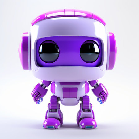 a robot girl wearing a futuristic attire is depicted in this photo. the girl has toy-like proportions and is adorned in a combination of light pink and purple colors. the image showcases luminous 3d objects surrounding her. with a strong facial expression, the robot girl stands out in a white and purple background. the photo was captured using a konica big mini camera, resulting inの素材