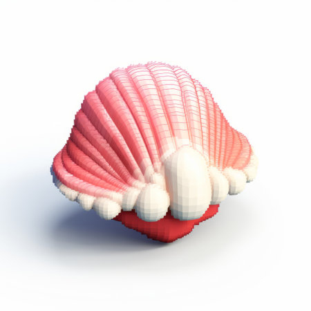 a 3d pink and white shell, rendered in maya, sits on a white surface. this voxel art creation, inspired by charles spencelayh and john tenniel, showcases intricate details in 8k resolution. the shell is beautifully highlighted with a combination of light orange and red tones, enhanced by heavy shading. ai generatedの素材
