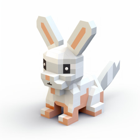 a white character stands in a white background, accompanied by a small red mouse. this voxel art piece showcases a blend of light orange and silver tones. the artwork follows the bunnycore style, featuring hard surface modeling and stylized animal motifs. the design is streamlined with a mastery of muted colorscape. ai generatedの素材