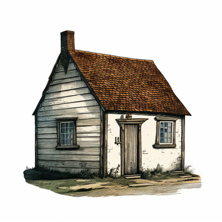 a small cottage with a distressed roof, depicted in a highly detailed illustration style. the realistic renderings of the human form add depth to the image. the cottage is adorned with light brown and white colors, reminiscent of historical illustrations. created by dave coverly, this simple yet captivating artwork showcases the beauty of traditional architectural designs. ai generatedの素材