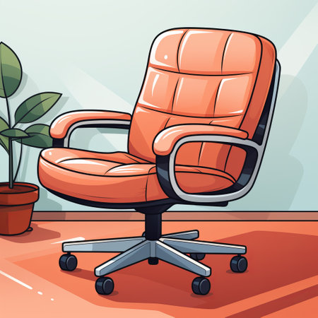 an orange leather office chair on wheels, reminiscent of editorial cartooning, showcases a muted colorscape mastery. this architectural illustrator-inspired piece by herb trimpe features a combination of dark pink and light azure hues, with an emphasis on nature and high-contrast shading. ai generatedの素材