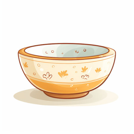 an orange bowl with vintage comic-style floral ornaments is showcased on a white background. the design features hues of beige, light yellow, and dark beige, reminiscent of nostalgic rural life depictions from the edo period. the cute cartoonish designs are enhanced with colorful washes, creating a visually appealing composition. ai generatedの素材