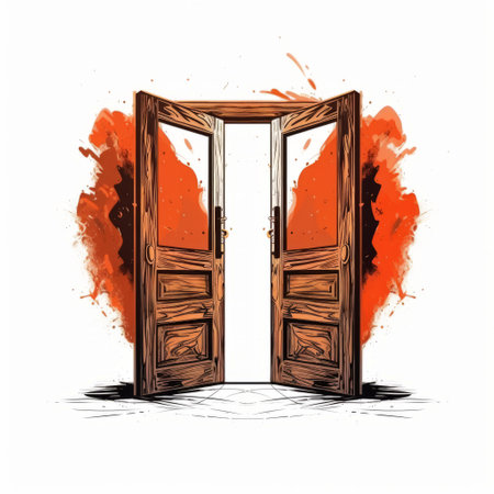 an open arrow at a door is depicted in this vector illustration, inspired by the themes of open heart love. the artwork is created in the unique style of mike deodato and philip guston, combining elements of white and orange. it also incorporates elements of horror academia, realistic watercolor paintings, necronomicon illustrations, and a burned and charred aesthetic. ai generatedの素材