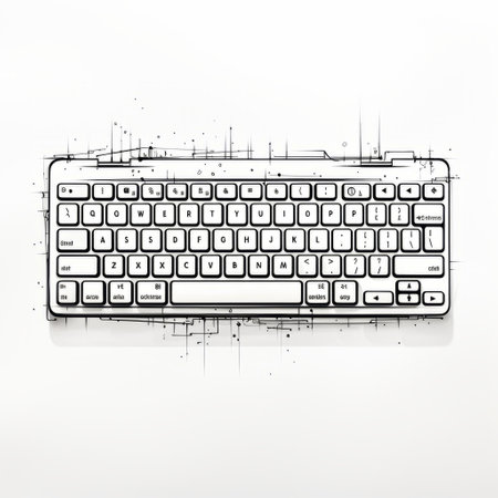 a computer keyboard with wires isolated on a white background. this minimalist ink drawing style photo captures the urban grittiness with detailed background elements. the line drawing style adds a unique touch to the image, while the rim light enhances the overall composition. perfect for those seeking a flickr-worthy shot. ai generatedの素材