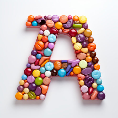 colorful pills and letters: a photographically detailed portraitures of letters in a different color, creatively styled with vibrant pills. this unique artwork showcases the organic sculpting technique, reminiscent of minimalist illustrator designs. the composition is captured in a high-angle shot, emphasizing the gigantic scale of the avacadopunk-inspired creation. ai generatedの素材