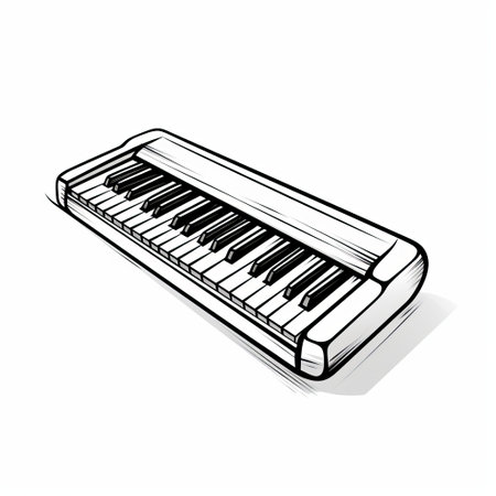 a black and white illustration of a piano keyboard, done in a detailed sketching style. this vector illustration showcases elements of cartooncore, carpetpunk, and minimalist line drawings. the image is backlit and features a colored cartoon style, with a high-angle perspective. ai generatedの素材
