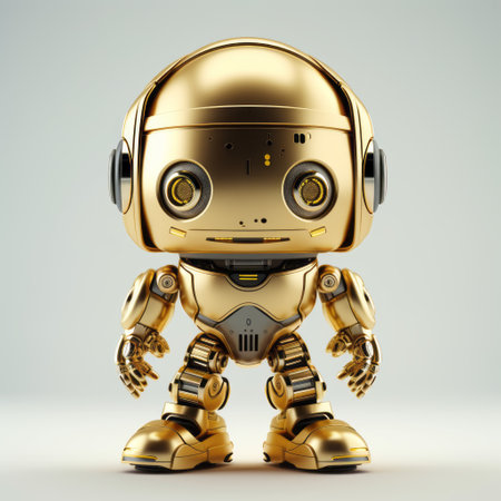 a golden robotic robot 3d animation, perfect for the tech industry. this adorable toy sculpture features an elegant and emotive face, with a sleek metallic finish. created using photobashing techniques and inspired by the konica big mini camera, this digitally enhanced animation showcases a full body design. ai generatedの素材