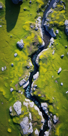 aerial photograph of a stream flowing through lush green grass and sand. the image showcases bold and daring compositions with organic formations. the saturated color palette, captured with the zeiss milvus 25mm f/1.4 ze lens, enhances the vibrant hues of light yellow and black. this iconic shot captures the beauty of nature from a unique perspective. ai generatedの素材