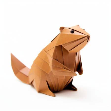 the origami beaver is a diy paper craft that showcases the art of folding paper. this eskimobeaver-inspired creation is captured in a photograph with a white background, resembling the style of fujifilm pro 400h. the image highlights the intricate details of this transcendent and award-winning postmodern sculpture, reminiscent of whistlerian art. ai generatedの素材