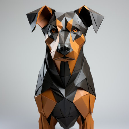 a 3d low poly dog figurine, inspired by cubist portraits, featuring precisionist lines and shapes. the figurine showcases a combination of brown and black colors, with an intricate collage design. this site-specific artwork incorporates light orange and gray tones, resulting in hyper-realistic animal illustrations. ai generatedの素材