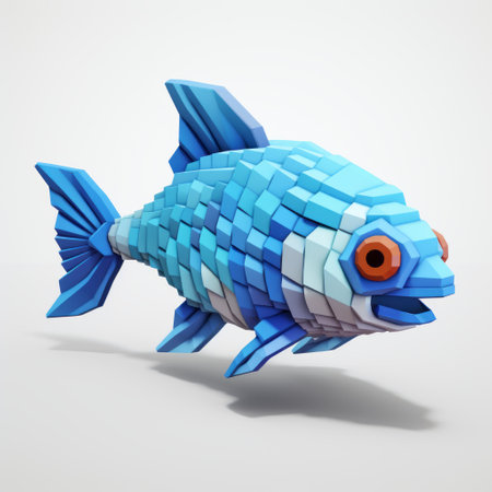 a blue polygonal fish model with a red mouth, created in the style of voxel art. this monochromatic composition showcases realistic and hyper-detailed renderings, while incorporating playful character designs. inspired by chinapunk aesthetics, the fish model features a vibrant color splash, reminiscent of the artistic style of sopheap pich. ai generatedの素材