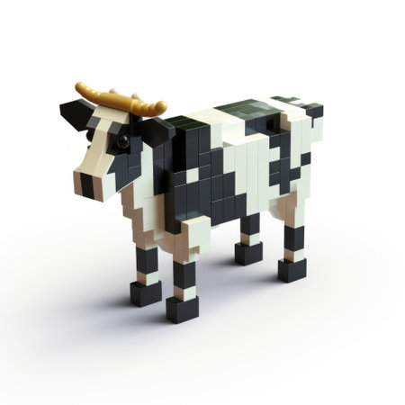 a black and white cow stands gracefully on a lush green grass field. this lego creation showcases a unique multilayered texture, blending realism with a stylized touch. the webcore design features glazed surfaces in light yellow and light navy, adorned with modular patterns. the intricate details beautifully depict the essence of animals. ai generatedの素材