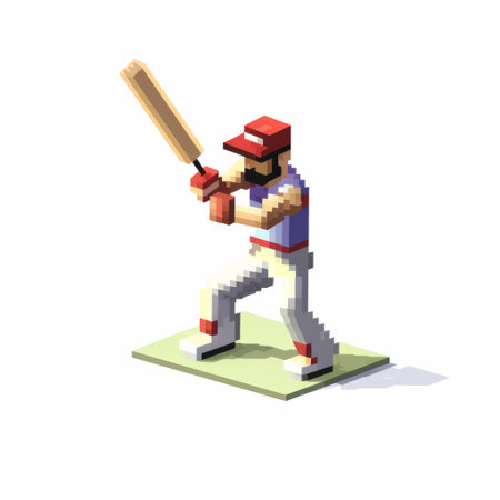 a little pixel cricket batman, in the style of voxel art, is depicted hitting a baseball. this historical illustration showcases a white and red polychrome sculpture with a realistic scenery. the handheld sculpture features strong diagonals, adding depth and dynamism to the composition. ai generatedの素材