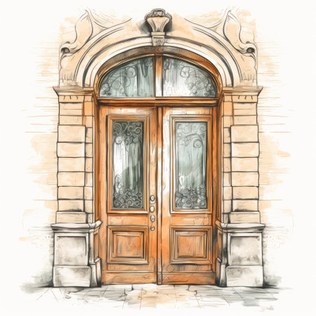 a wood door sketch on a white background, inspired by classical architecture. the watercolor illustrations feature a charming character in beige and amber tones. created by the talented artist gediminas pranckevicius, this illustration showcases his unique style and attention to detail. ai generatedの素材